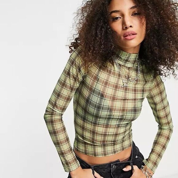 Emory Park High Neck Shrunken Top Grunge Check Sz M Sheer Long Sleeve Rock Y2K - Picture 1 of 8